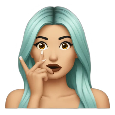 Kylie Jenner wondering and holding her finger on her lips sticker