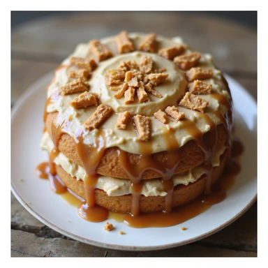 realistic round cake with caramel frosting and caramel shards, photorealistic style sticker