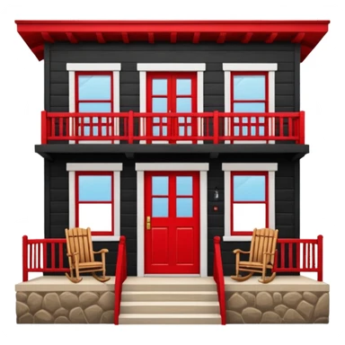 Puerto Rican wooden house facade, central door, two windows, front balcony with rocking chair, scenic frame, humble but well-maintained, warm and authentic, red color sticker
