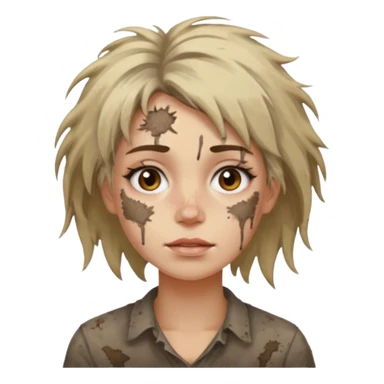 very dirty looking homeless woman very very dirty and smelly looking face only, not old with grey smudges everywhere and messy hair and lots of stains on face ugly and smudged face on forehead and chin sticker