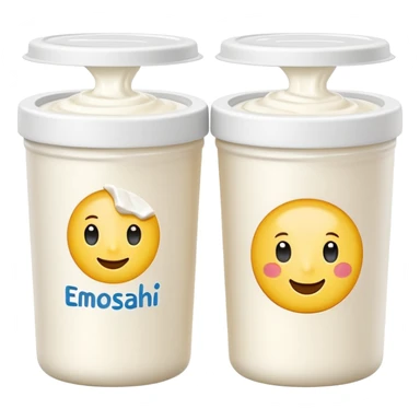 two small cylindrical white yogurt pots with smooth matte finish and slightly crinkled paper tops, one opened showing creamy pale white fresh cheese with soft glossy surface, plain dairy pots, soft lighting, subtle shadows, emoji scale sticker
