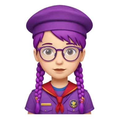 red uniform wearing scout kid with braids and glassess with hat purple haired sticker