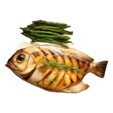 grilled fish fillets with brown butter sauce on white plate sticker