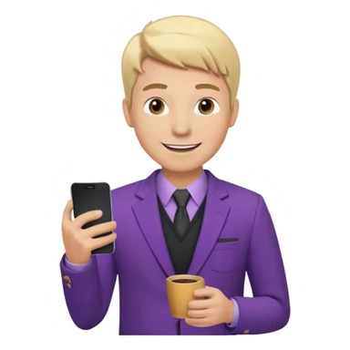 Confident and outgoing male entrepreneur, Caucasian features, blonde hair, big friendly smile, expressive eyes, defined eyebrows, wearing a purple blazer over a black shirt, holding a smartphone in one hand and a coffee cup in the other, waist-up, front-facing sticker