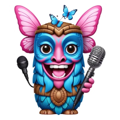Pixar style little Cartoon Blue and pink tiki singing with butterfly and in the microphone, ultra detailed and lifelike imagery sticker