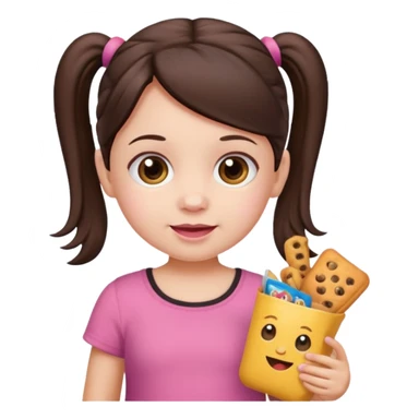 Toddler emoji with two pigtails dark brown hair, fair skin, in pink top, holding toddler snacks sticker