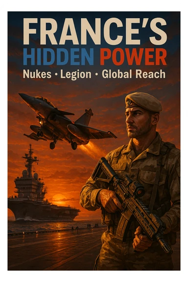 cinematic dusk scene of Rafale jet launching from Charles de Gaulle carrier with glowing orange sunset, foreground with Foreign Legionnaire in desert camouflage holding a high-tech rifle, bold tricolor headline 'FRANCE’S HIDDEN POWER', subtext 'Nukes • Legion • Global Reach', 8K, epic style sticker