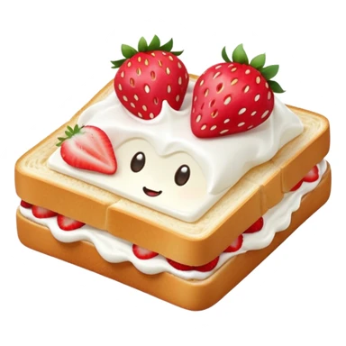 square toast topped with fluffy white cream, decorated with a strawberry bow made from two strawberry halves and a small sliced center, bright red and glossy, Clean soft shading, kawaii emoji style, centered object, no plate, no background, high detail, pastel tone sticker