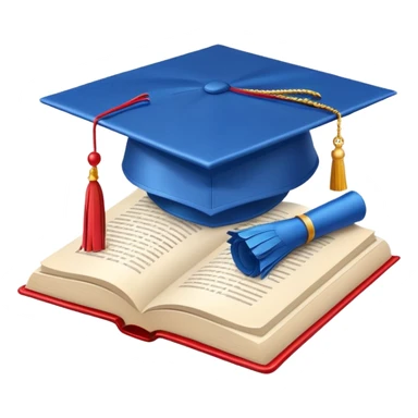 Apple emoji style graduation cap with a blue tassel, floating above an open book, clean background, cheerful sticker