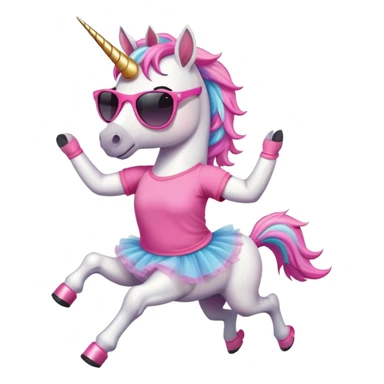 friendly anthropomorphised female unicorn with horse-like face, in tutu and pink t-shirt, wearing dark sunglasses, jogging upright in relaxed pose sticker