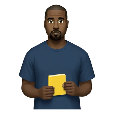 kanye west wearing a dark blue T-shirt, holding a yellow notepad sticker