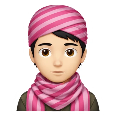 Emoji de un chico con turbante árabe que el chico sea de color piel clara y que tenga cabello negro y de fondo blanco y que tenga un pañuelo árabe de color rojo y con rayas rosas sticker