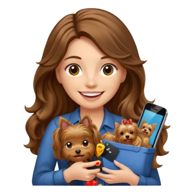 woman with long brown wavy hair holding a Yorkshire Terrier, with an iPhone and a sale tag, emoji style sticker
