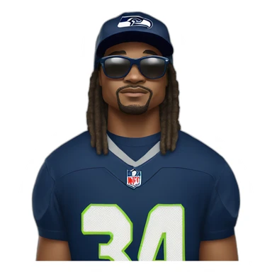 marshawn lynch in a seattle seahawks jersey wearing sunglasses and a baseball cap saying I'm just here so I dont get fined sticker