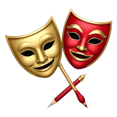 Create a bold and dramatic emoji representing the art of playwriting. The design should feature an open script or a theater playbook, with stylized text lines or dramatic dialogue inside. Include elements like a theatrical comedy and tragedy masks, a stage spotlight, or a writting quill to symbolize creativity and performance. Use deep, contrasting colors like red, black, and gold to evoke the intensity and passion of drama. The overall design should feel dramatic, inspiring, and artistic. Make the background transparent. sticker