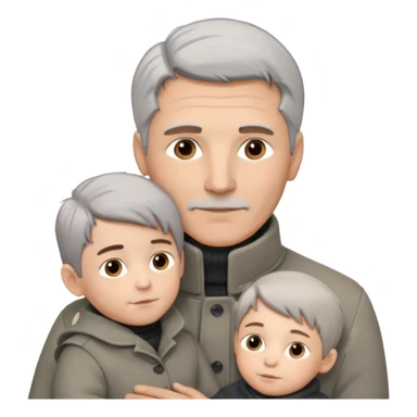 A father with silver-grey hair styled neatly and a clean-shaven face, wearing a dark turtleneck and wool coat, holding his child gently. The child has light brown hair and a soft white jacket. Warm cinematic lighting, emotional close-up. sticker