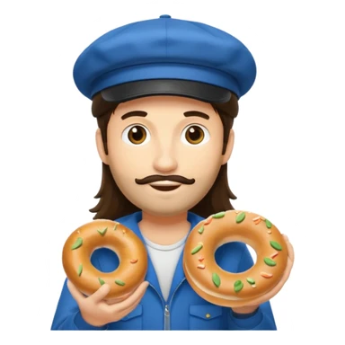 tourist brunette long hair man with cap holding bagel sticker