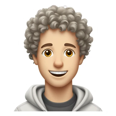 A happy curly-haired white boy in a sweatshirt holds a border collie sticker