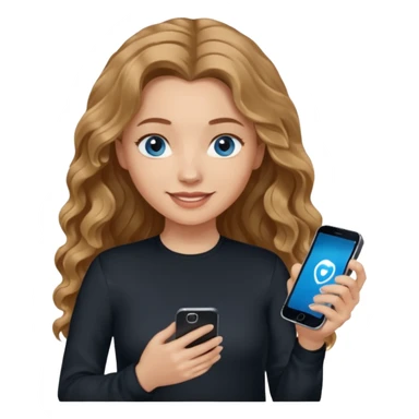 generate a pretty woman with blue eyes, light skin and medium brown long and really wavy shiny hair holding a phone she is looking at the phone while looking down at the screen. she is wearing an ALL black long sleeve. she is smiling sticker