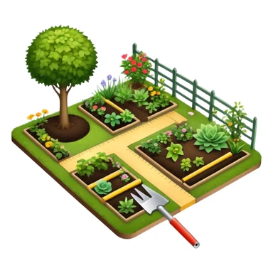 Icon for Landscape Design: a garden layout with plants, trees, paths, and design tools like a spade, pencil and measuring tape. The icon should represent creativity in outdoor space planning and gardening. Transparent background. sticker