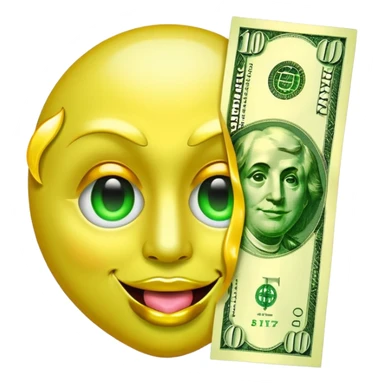 money face emoji. The face should be bright yellow, with exaggerated dollar-sign eyes glowing in neon green, and a tongue sticking out shaped like a crisp $100 bill. Add a shiny, golden aura behind the face sticker