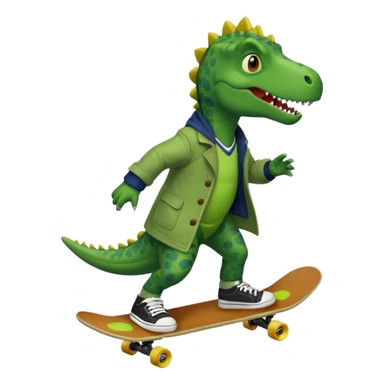 a dinosaur on a skateboard wearing a coat with sneakers in the bottom sticker