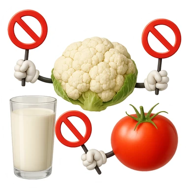 emoji stile iphone di un BICCHIERE DI LATTE CAVOLFIORE E POMODORO CHE FLUTTUANO IN ARIA CON DIVIETI IN MANO, iperrealistico 4k, isolato su sfondo bianco sticker