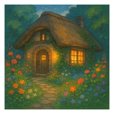 a small cottage with a thatched roof surrounded by flowers, warm lighting, magical feel, ghibli style sticker
