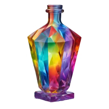 symbolic all-energies in a bottle sculpture symbolizing chromatic light with a geometric, faceted design. The bottle is standing upright with angular and baroque features. The vibrant rainbow of colors highlights the sharp edges and planes.  sticker
