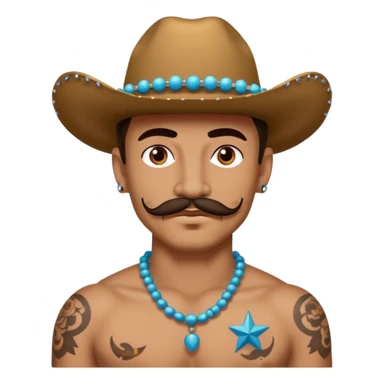 mustached cowboys with tattoos on face and bead sticker