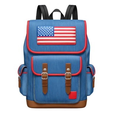 a blue denim backpack with a flap top, two vertical black buckle straps on the front. The backpack has two side pockets and a soft square shape. at front view bottom pocket, red and with two divided logo like simple american flag

 sticker