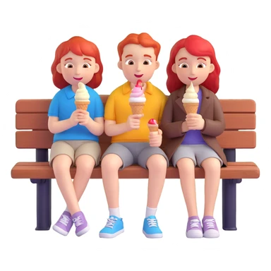 A red-haired girl and a boy sitting together on a park bench, sharing an ice cream cone, with a sunset in the background. sticker