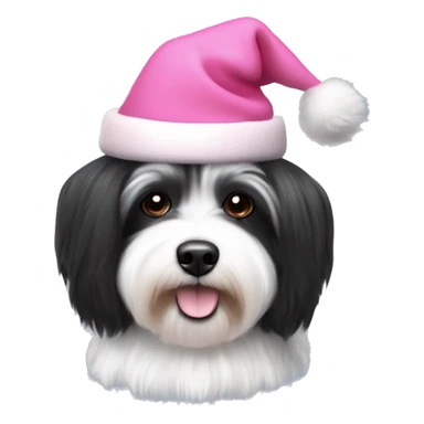 Black and white havanese dog medium fur length with a pink Christmas hat slouched at the top of its head tilting to the right sticker
