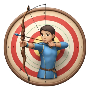An archer pulling back a bowstring, aiming at a target in the distance. The target features concentric rings, and the scene conveys focus and precision. The background captures the essence of an outdoor archery range, highlighting skill and concentration in the sport. sticker