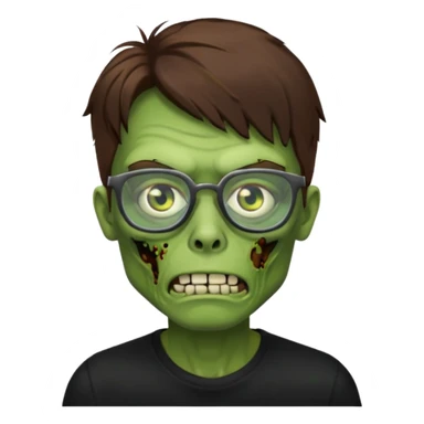 Green zombie, brown hair, black glasses, black shirt. iOS style. sticker
