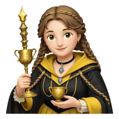 Helga Hufflepuff,the Hogwarts founder of Hufflepuff,brown-haired,2braids,yellow-black medieval dress with black cloak decorated with gold braiding,flickering magic wand and tiny two-handled shiny gold cup engraved with the badger silhouette,very kind smile,curvy busty sweet sticker