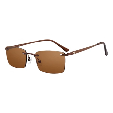 tiny Y2K brown rimless glasses, narrow rectangular lenses, angled view, brown lenses sticker