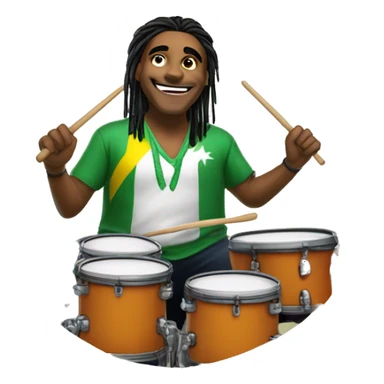 Create an image of a Brazilian drummer with tied hair, expressing joy while playing drums in his live stream. Include the logo "GG Lukas Drummer" in the background. sticker