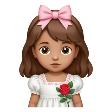 Brown hair, medium skin tone baby girl with bows on her hair, and wearing a white dress with rose designs on it  sticker