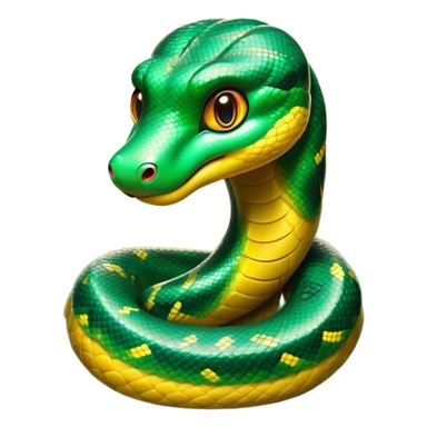 Cinematic Cute Anaconda Portrait Emoji, Head tilted playfully and inquisitively, with a sleek, shimmering body adorned with detailed scale patterns and round, sparkling eyes full of wonder, Simplified yet irresistibly adorable features, highly detailed, glowing with a warm, friendly jungle glow, high shine, affectionate and lively, stylized with a touch of whimsical reptilian charm, soft glowing outline, capturing the essence of a mischievous serpent that feels like it could slither out of the screen into your arms! sticker