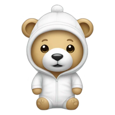 Un oso blanco de pie con un pijama blanco muy delgado y con un gorro sticker
