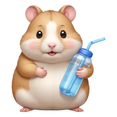Cute chubby cartoon-style hamster hugging an oversized water bottle, sipping with tiny straw, happy expression. Painterly shading, expressive eyes, white background, sticker-style illustration sticker