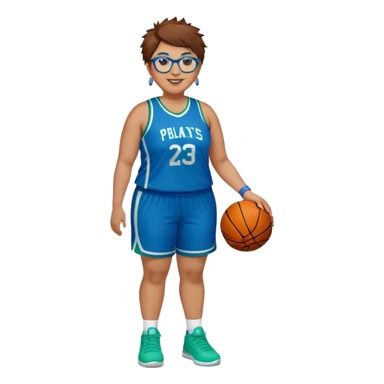 Full Body plus size white female basketball player with short medium brown hair with  spike hair wearing blue glasses 
With a pug wide nose wearing blue green uniform  green sneakers smiling wearing silver hoop earrings sticker