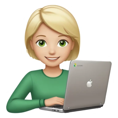short blonde hair teacher green eyes woman happy holding chromebook sticker