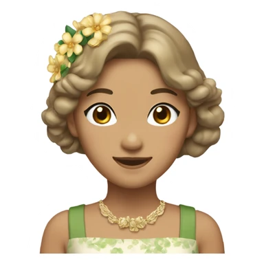 A woman of Asian appearance. Wheat-colored skin, waist length hair, golden brown, slightly curly, wavy look. The eyes were green, and then the hair wore a wreath, the earrings were flowers, and the dress was a white suspender. sticker