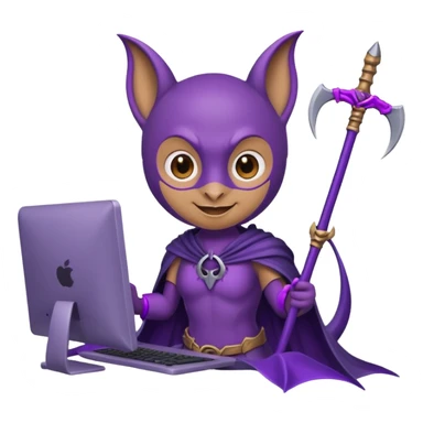 a happy purple bat holding a scythe while sitting in front of her computer sticker
