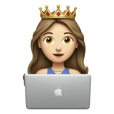 Pale white brunette girl on laptop wearing a crown with brown hair sticker