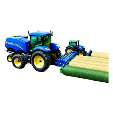 Baler – New Holland Roll-Belt 560 (2018) – Cinematic-realistic John Deere 6155M tractor towing a New Holland Roll-Belt 560 baler, its deep green body contrasting with the bright blue baler. The massive machine moves steadily through golden fields, compressing freshly cut hay into tight round bales, while dust swirls under the blazing afternoon sun. sticker