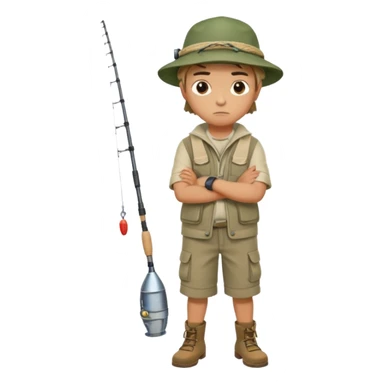 A boy with crossed arms, looking annoyed, dressed in fishing clothes full body sticker