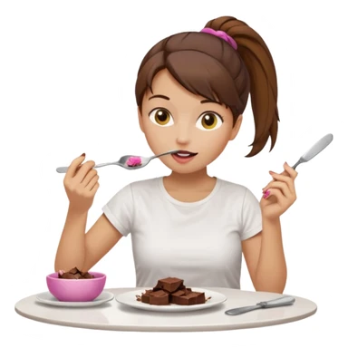 yellow-skinned woman with brown hair in a ponytail, wearing a white T-shirt. She’s sitting at a table, licking chocolate off a knife and holding a 'Banado' jar. On the table: a plate with crumbs, a fork, a glass of dark drink, and a pink lid. Simple brown background. sticker